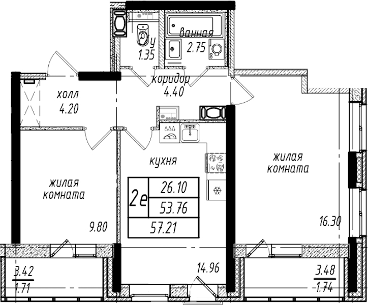 2-комнатная квартира 57.21 м², 12/25 эт., ЖК «Северная Долина»